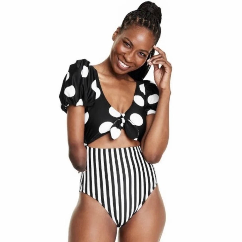 Tabitha Brown x Target Swimsuit XXS One Piece Striped Dot Print Tie Front NWT